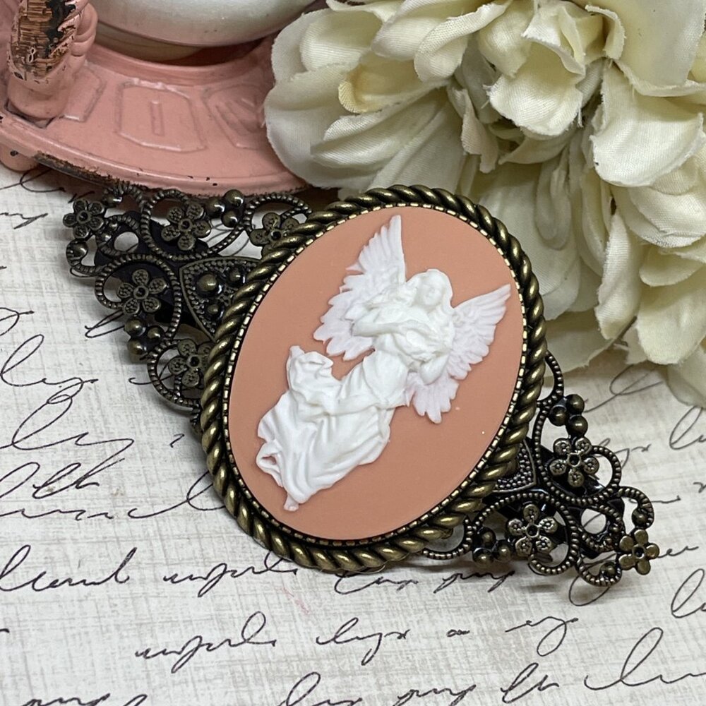 Peach White Angel Christmas Gift Mom Wife Bride Cameo Pin Hair Clip Jewelry Comb